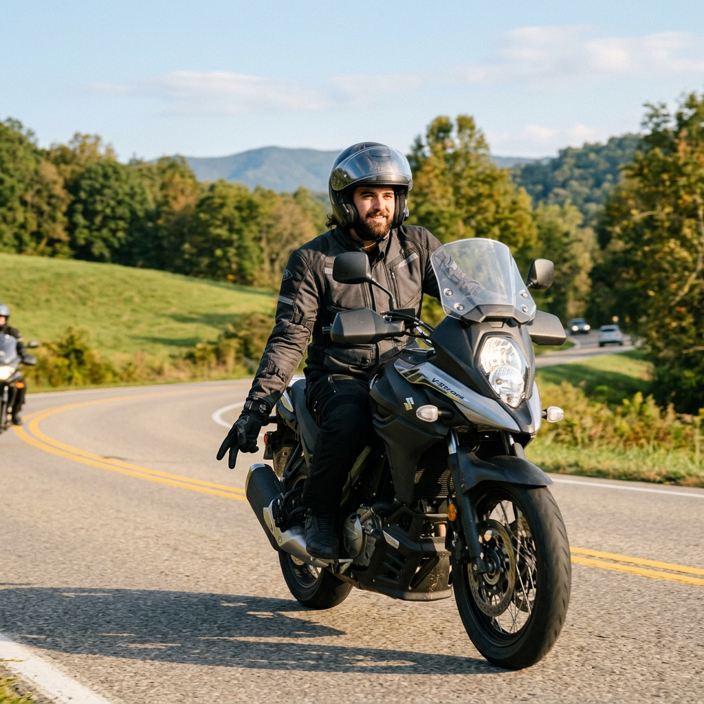 Smiling motorcyclist in black riding gear showing peace sign on winding road