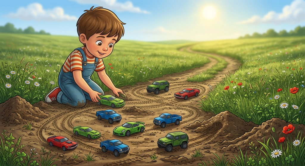 Smiling child races toy cars through muddy soil beside a farm.